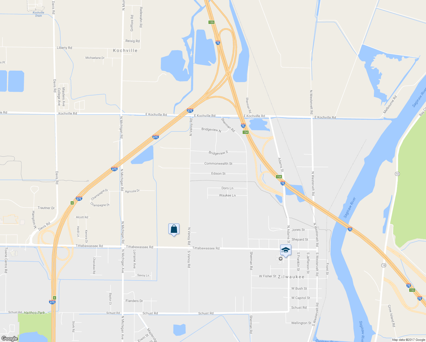 map of restaurants, bars, coffee shops, grocery stores, and more near 900 Edison Street in Saginaw