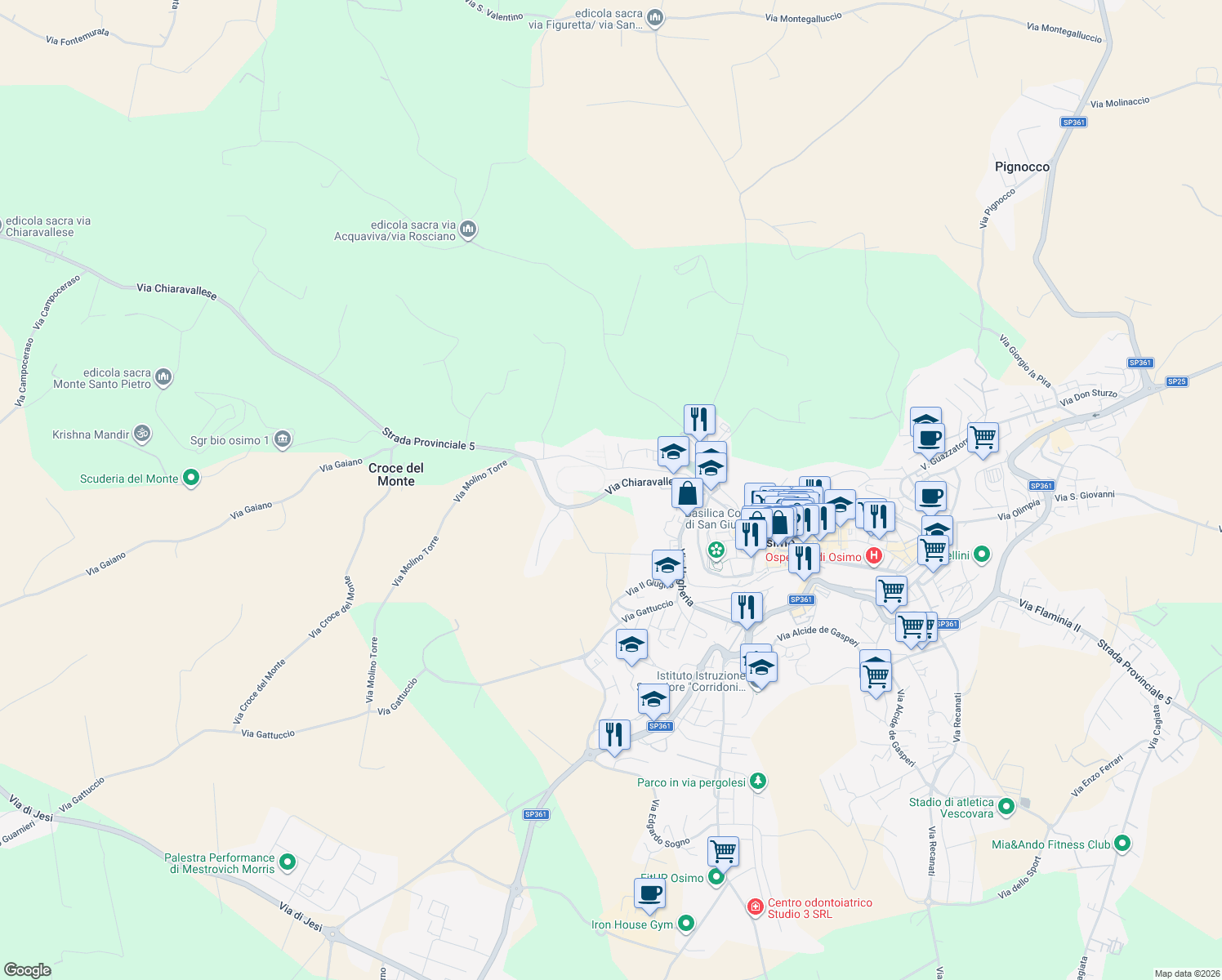 map of restaurants, bars, coffee shops, grocery stores, and more near 21A Via Chiaravallese in Osimo