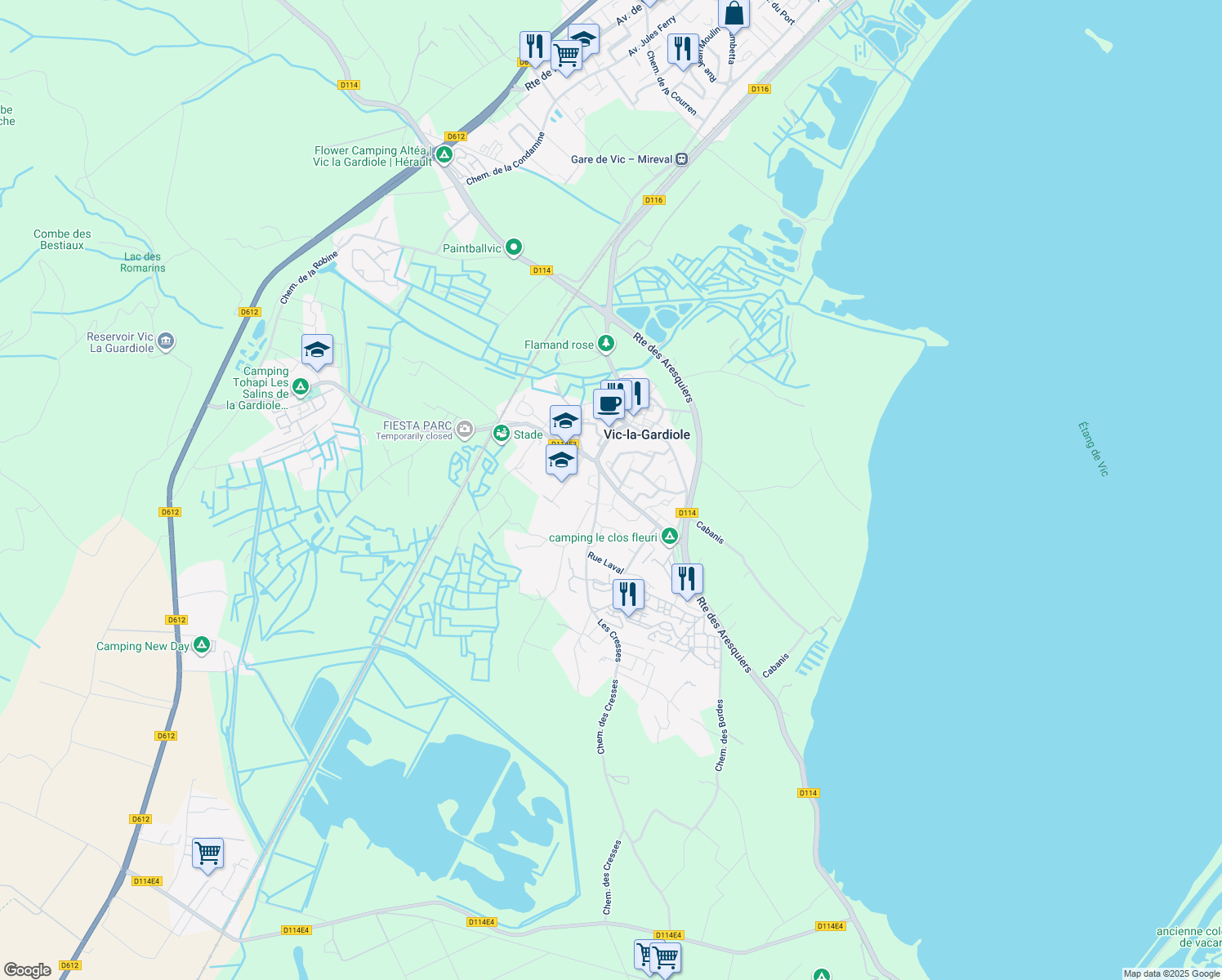 map of restaurants, bars, coffee shops, grocery stores, and more near 12 Avenue de la Mission in Vic-la-Gardiole