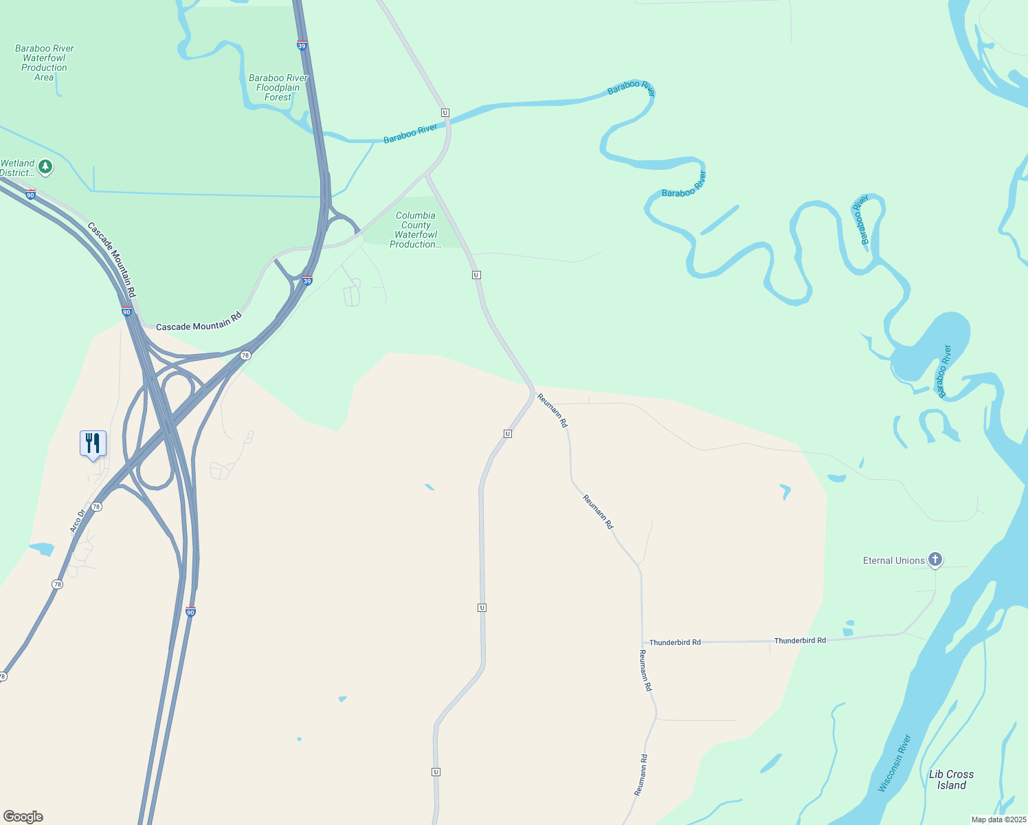 map of restaurants, bars, coffee shops, grocery stores, and more near N5887 County Road U in Portage