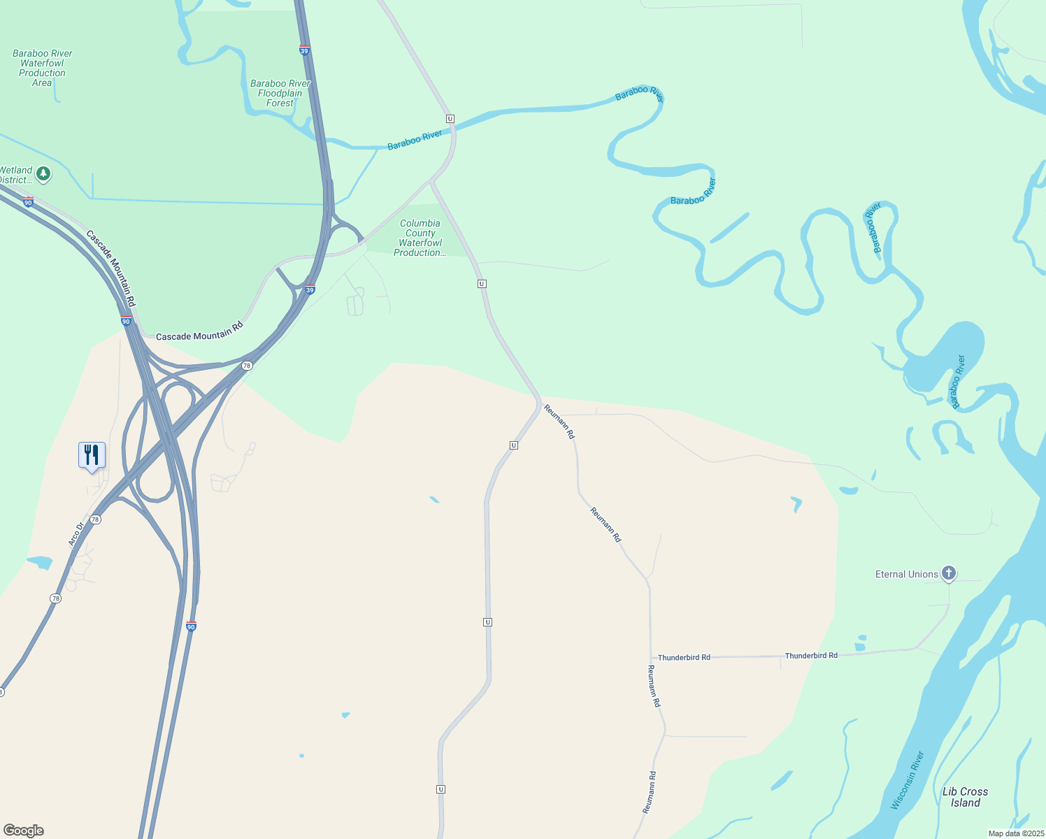 map of restaurants, bars, coffee shops, grocery stores, and more near N5887 County Road U in Portage