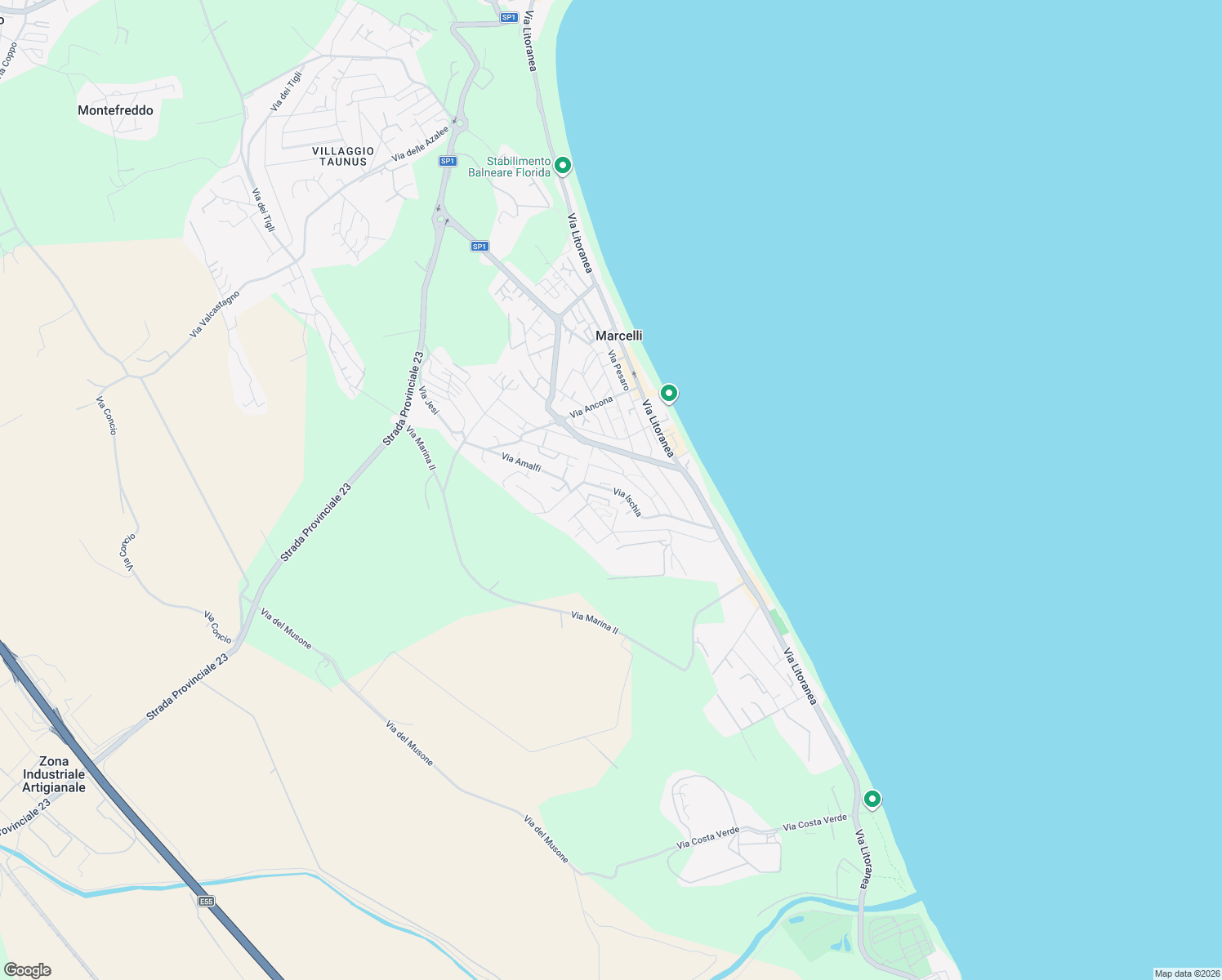 map of restaurants, bars, coffee shops, grocery stores, and more near 36 Via Ischia in Marcelli