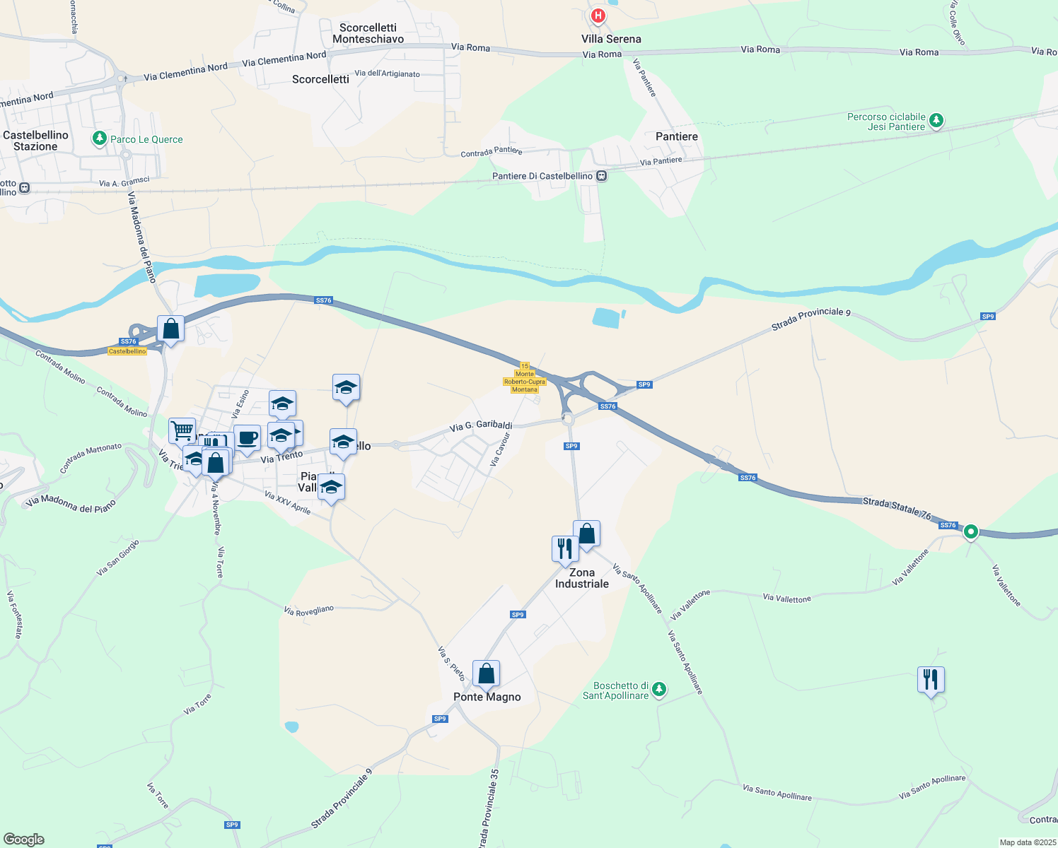 map of restaurants, bars, coffee shops, grocery stores, and more near 91 Via G. Garibaldi in Pianello Vallesina