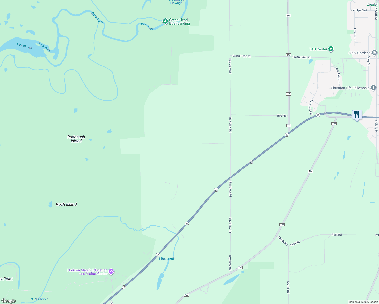 map of restaurants, bars, coffee shops, grocery stores, and more near W3841 Prawatscke Road in Mayville