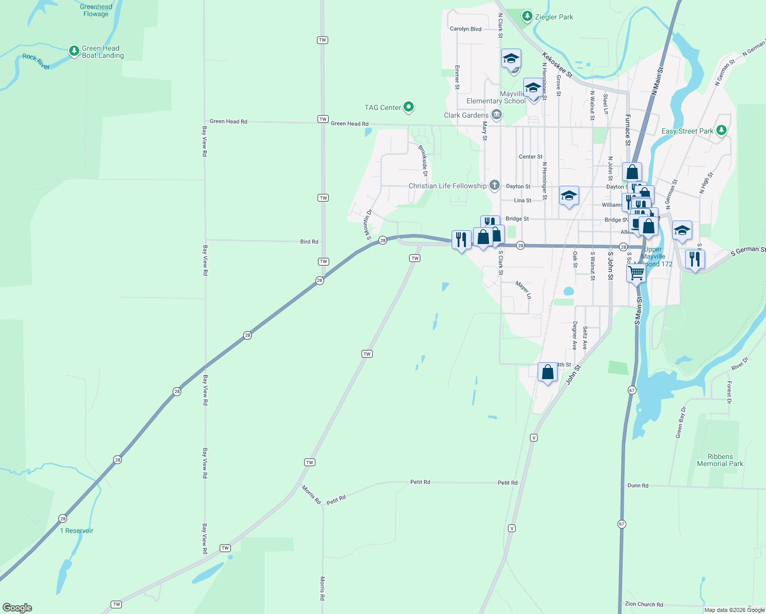 map of restaurants, bars, coffee shops, grocery stores, and more near N8189 County Road TW in Mayville