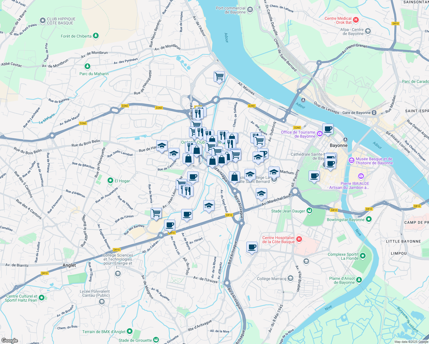 map of restaurants, bars, coffee shops, grocery stores, and more near 2 Avenue Roger Maylie in Bayonne