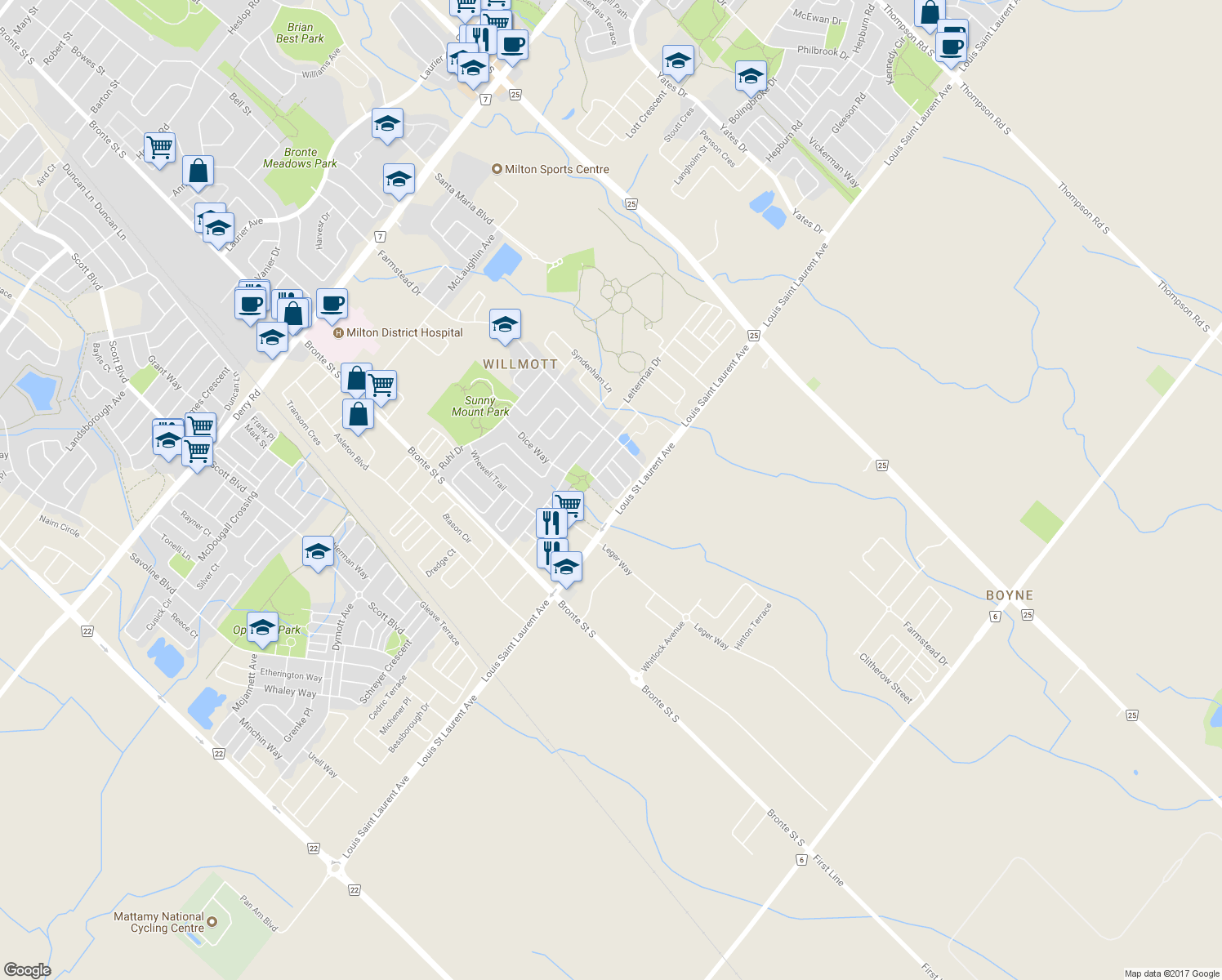 map of restaurants, bars, coffee shops, grocery stores, and more near 443 Cavanagh Lane in Milton
