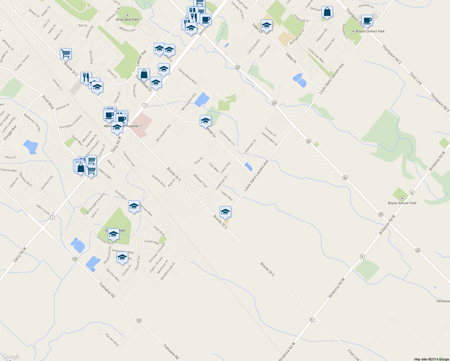 map of restaurants, bars, coffee shops, grocery stores, and more near 272 Leiterman Drive in Milton