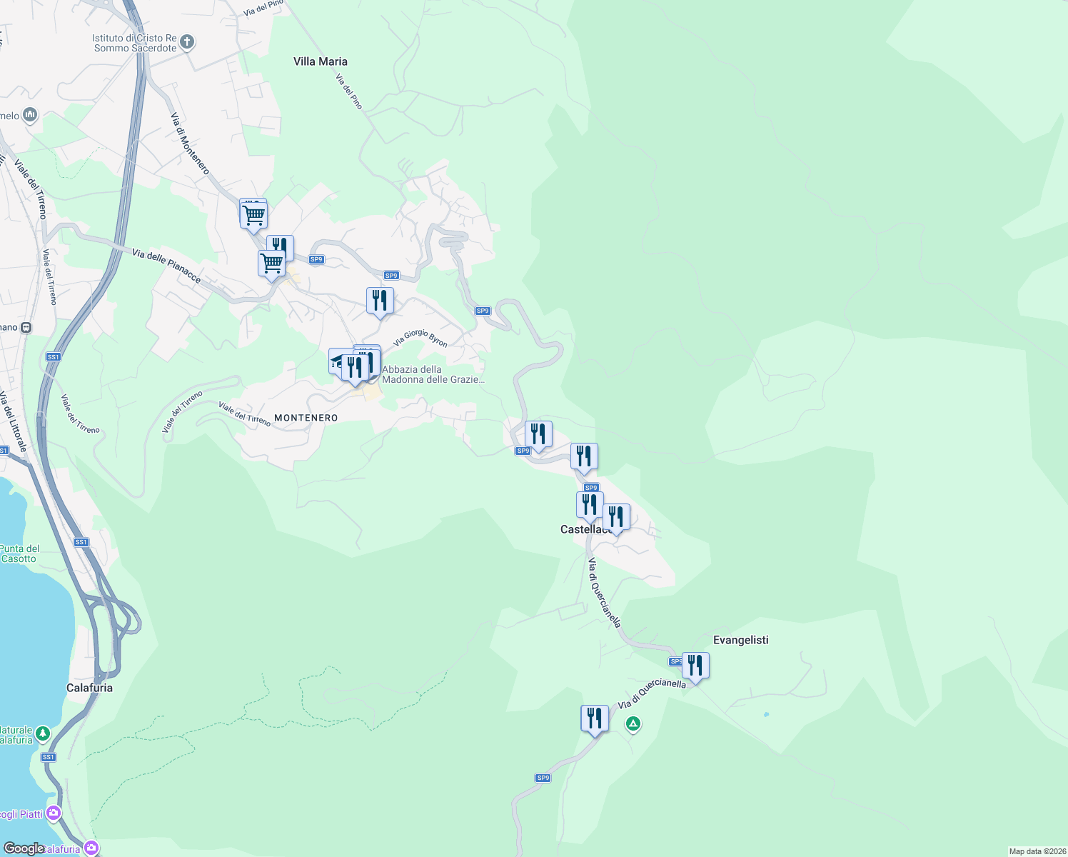 map of restaurants, bars, coffee shops, grocery stores, and more near 83 Via della Porcigliana in Castellaccio