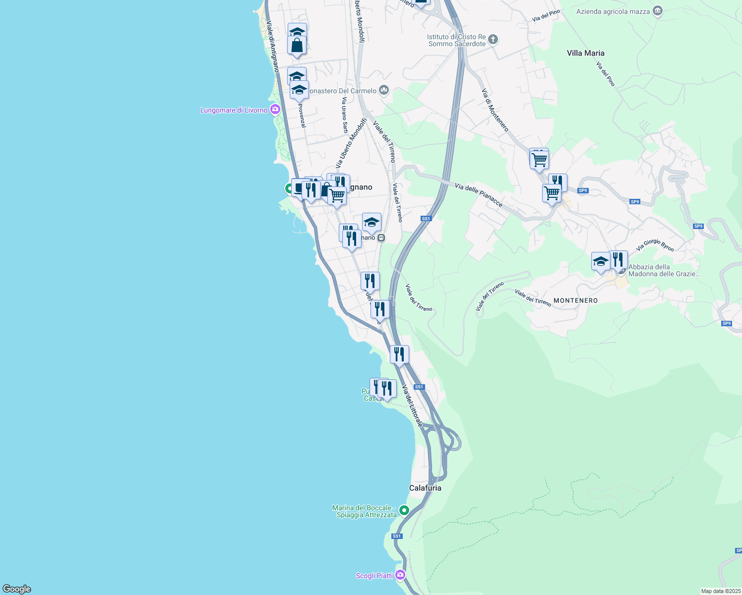 map of restaurants, bars, coffee shops, grocery stores, and more near 14 Via Don Renzo Gori in Livorno