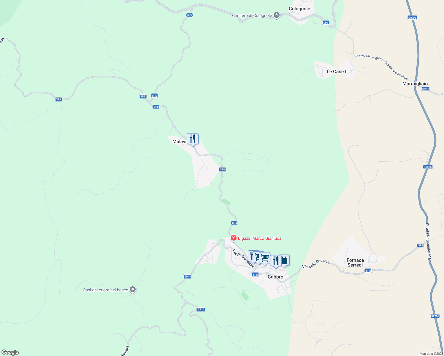 map of restaurants, bars, coffee shops, grocery stores, and more near Strada Provinciale 8 in Livorno