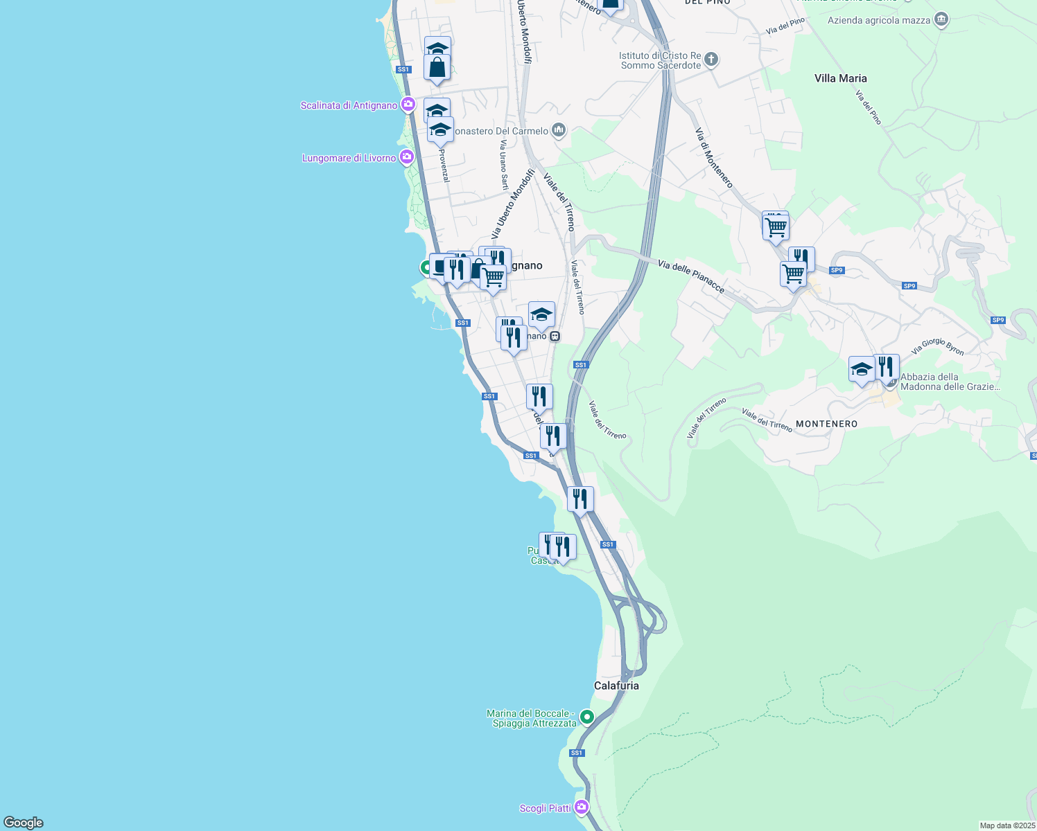 map of restaurants, bars, coffee shops, grocery stores, and more near 15 Via Filippo Corridoni in Livorno