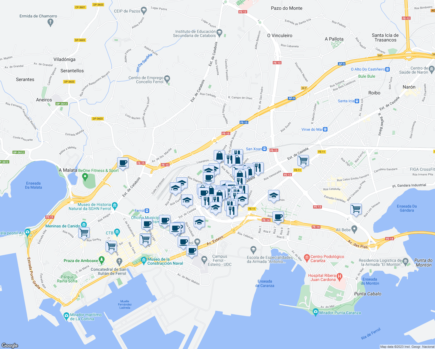 map of restaurants, bars, coffee shops, grocery stores, and more near in Ferrol