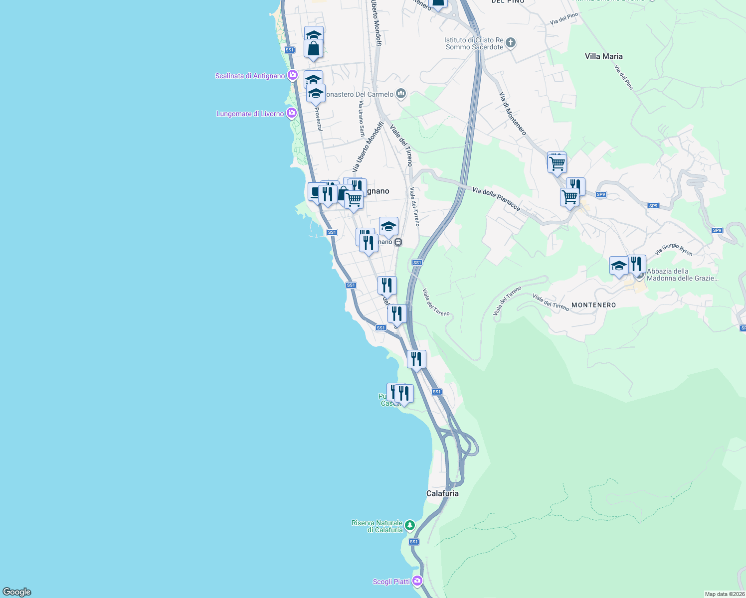 map of restaurants, bars, coffee shops, grocery stores, and more near 15 Via Filippo Corridoni in Livorno