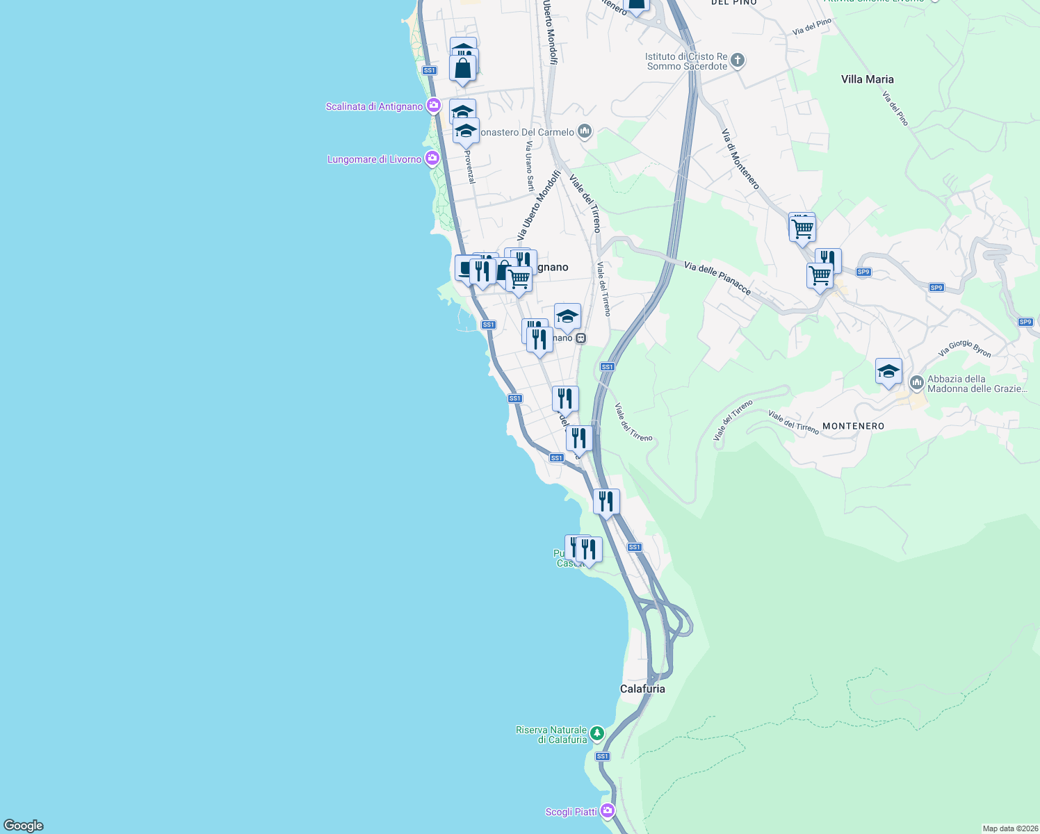map of restaurants, bars, coffee shops, grocery stores, and more near 48 Via della Meloria in Livorno