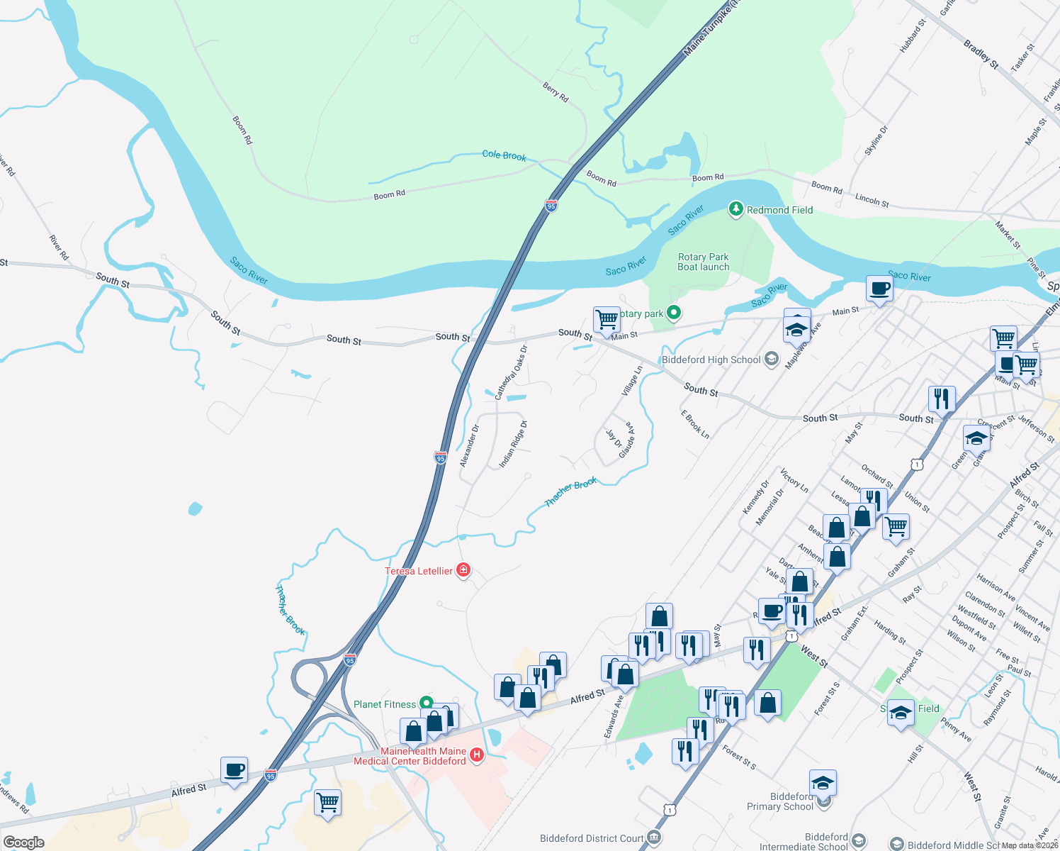map of restaurants, bars, coffee shops, grocery stores, and more near 9 Indian Ridge Drive in Biddeford
