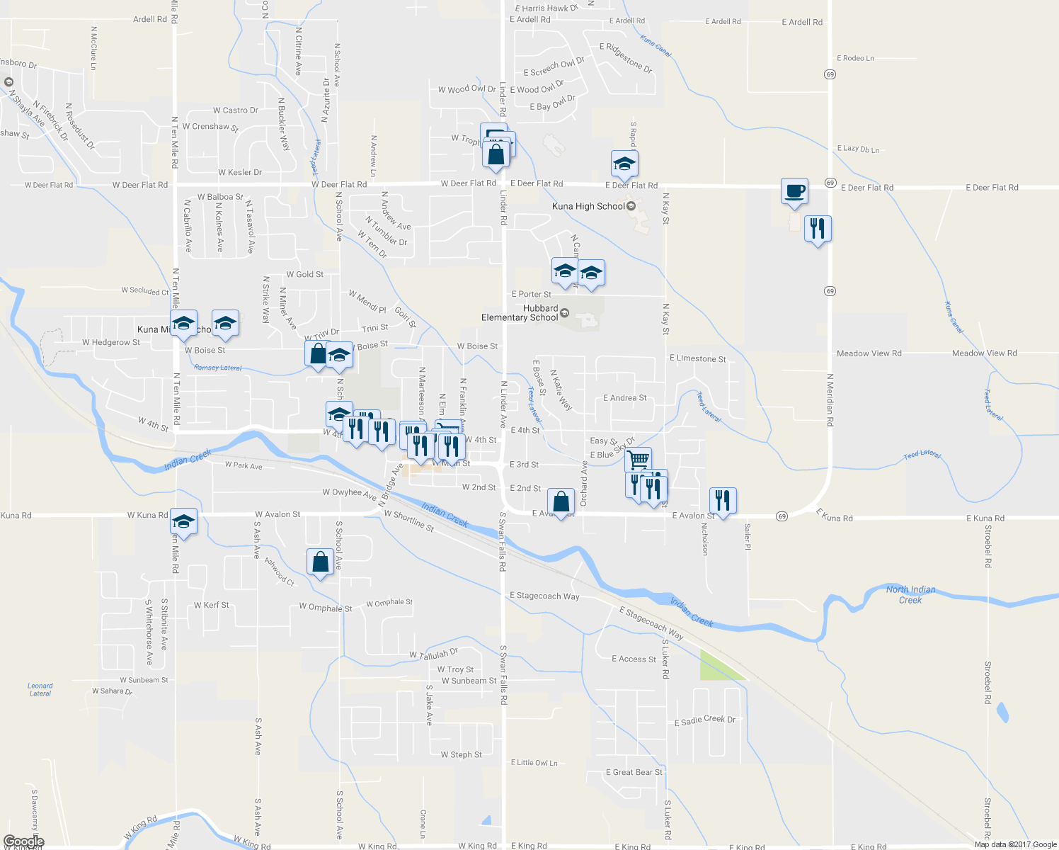 map of restaurants, bars, coffee shops, grocery stores, and more near 202 East 4th Street in Kuna
