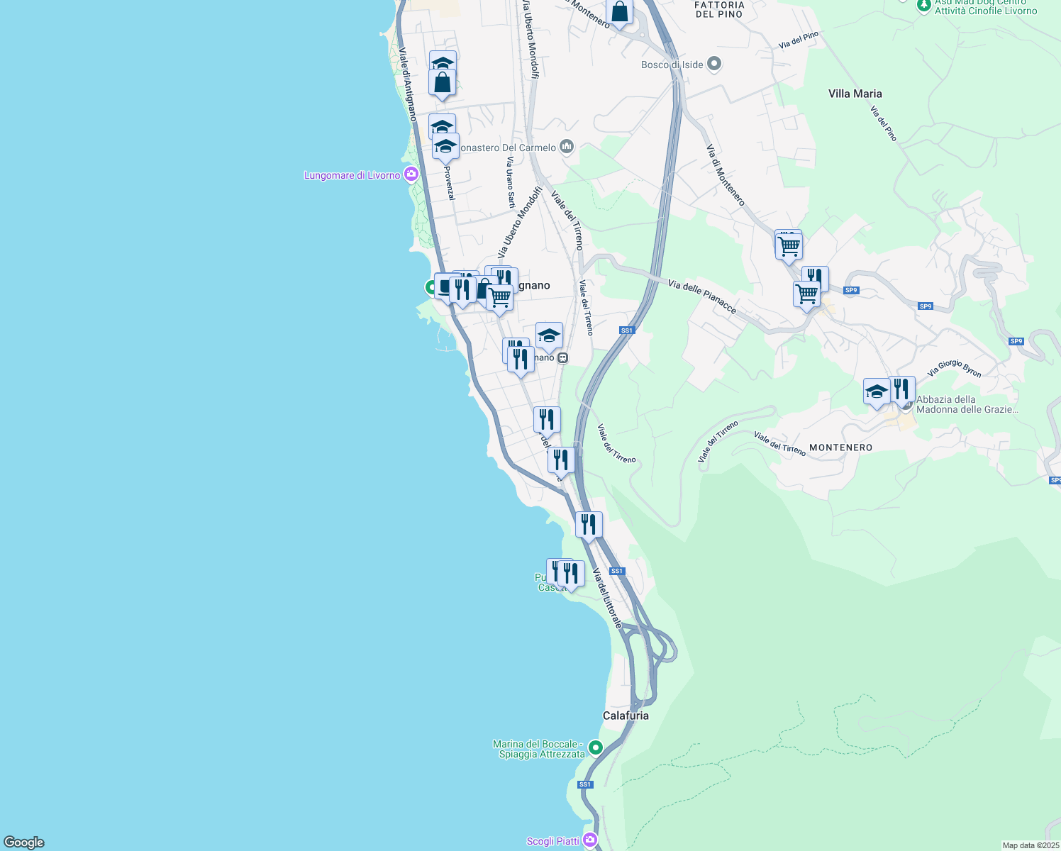 map of restaurants, bars, coffee shops, grocery stores, and more near 15 Via Filippo Corridoni in Livorno