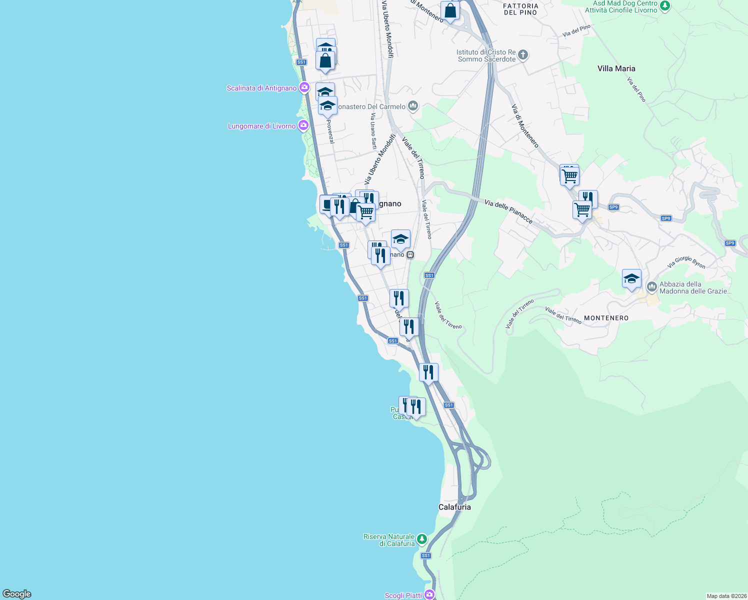 map of restaurants, bars, coffee shops, grocery stores, and more near 48 Via della Meloria in Livorno