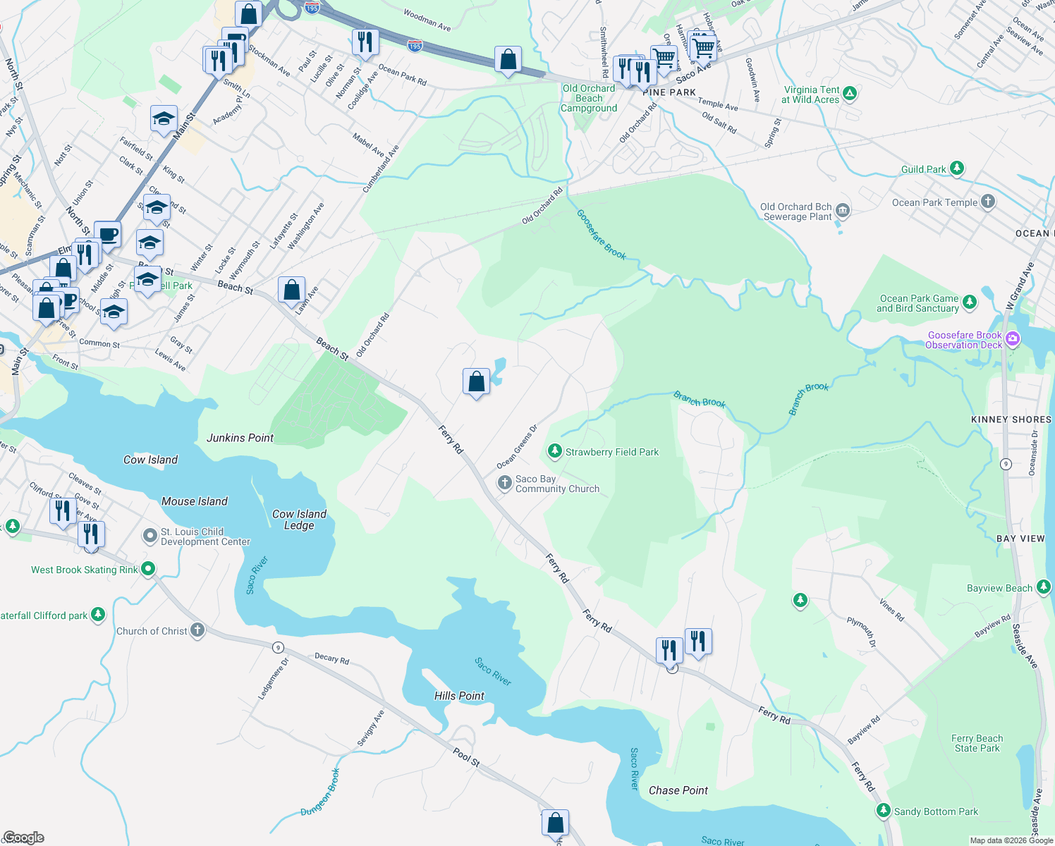 map of restaurants, bars, coffee shops, grocery stores, and more near 16 Ocean Greens Drive in Saco