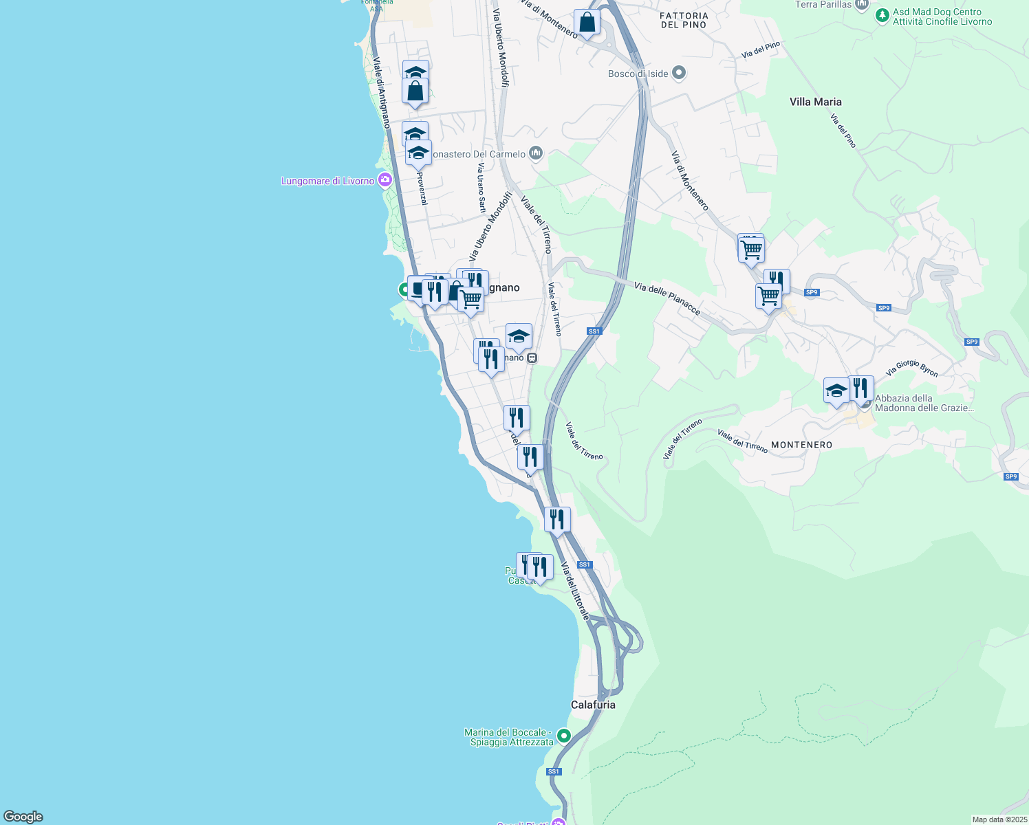 map of restaurants, bars, coffee shops, grocery stores, and more near 15 Via Filippo Corridoni in Livorno