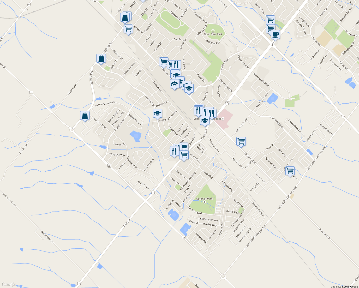 map of restaurants, bars, coffee shops, grocery stores, and more near 195 Holmes Crescent in Milton