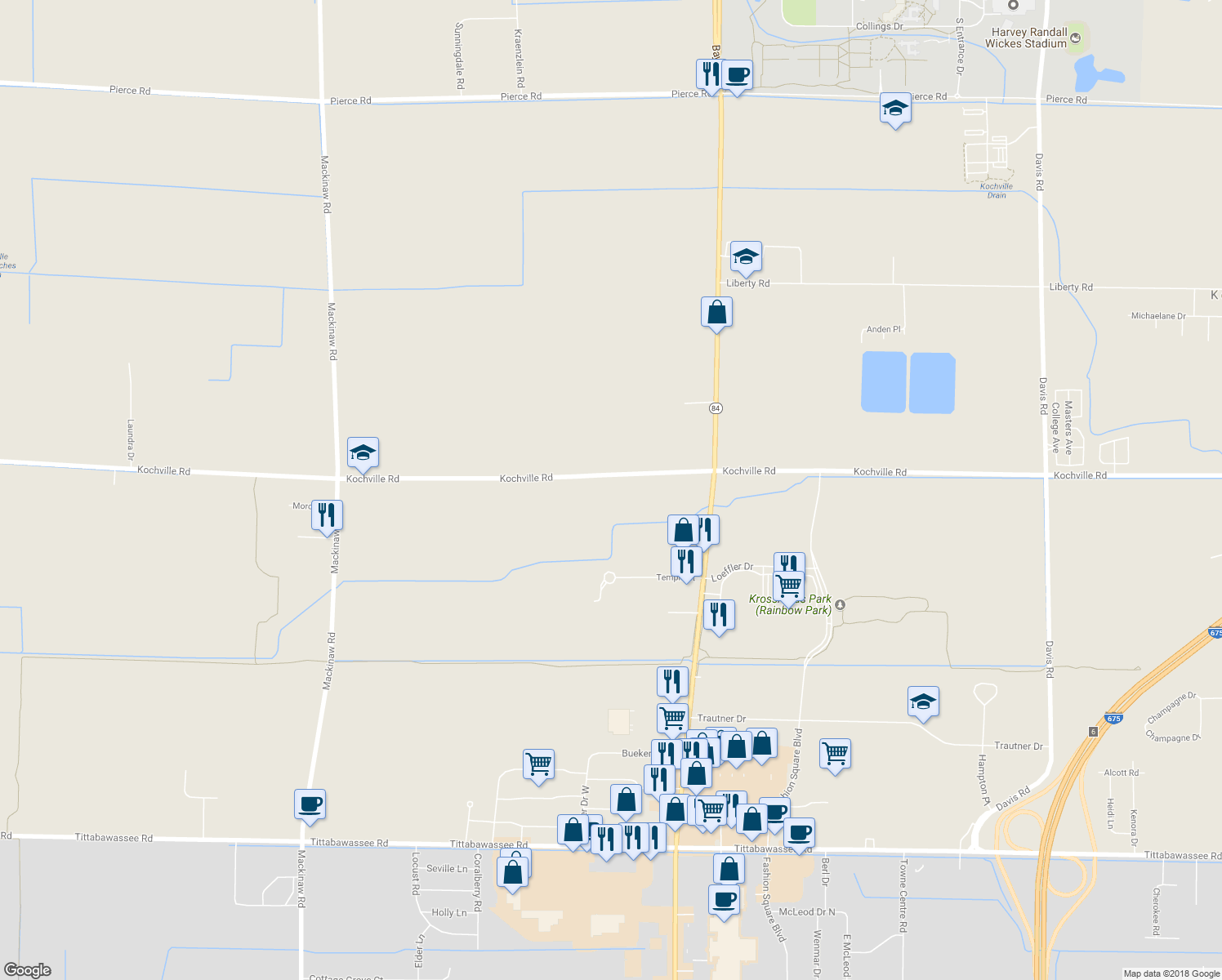 map of restaurants, bars, coffee shops, grocery stores, and more near 3285 Kochville Road in Saginaw