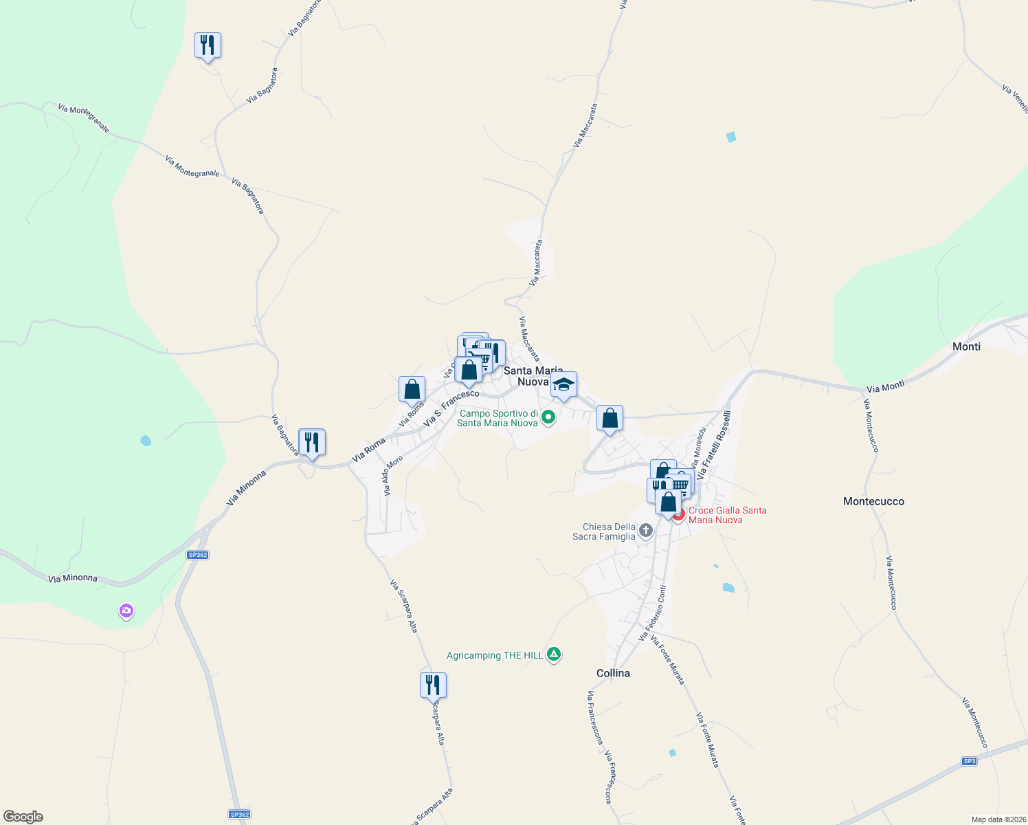 map of restaurants, bars, coffee shops, grocery stores, and more near 28 Via Guglielmo Marconi in Santa Maria Nuova