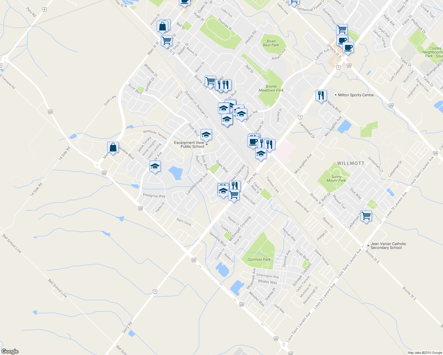 map of restaurants, bars, coffee shops, grocery stores, and more near 208 Weston Drive in Milton