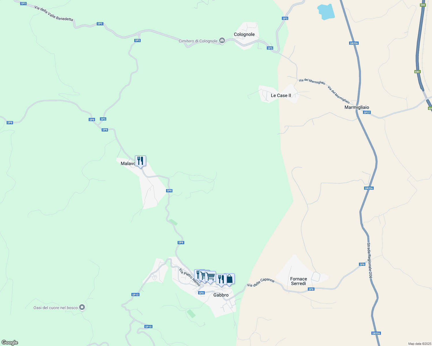 map of restaurants, bars, coffee shops, grocery stores, and more near 45 Località Mandrioli in Provincia di Livorno