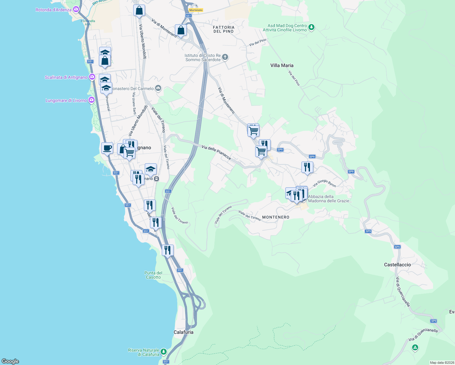 map of restaurants, bars, coffee shops, grocery stores, and more near 19 Via delle Villette in Livorno