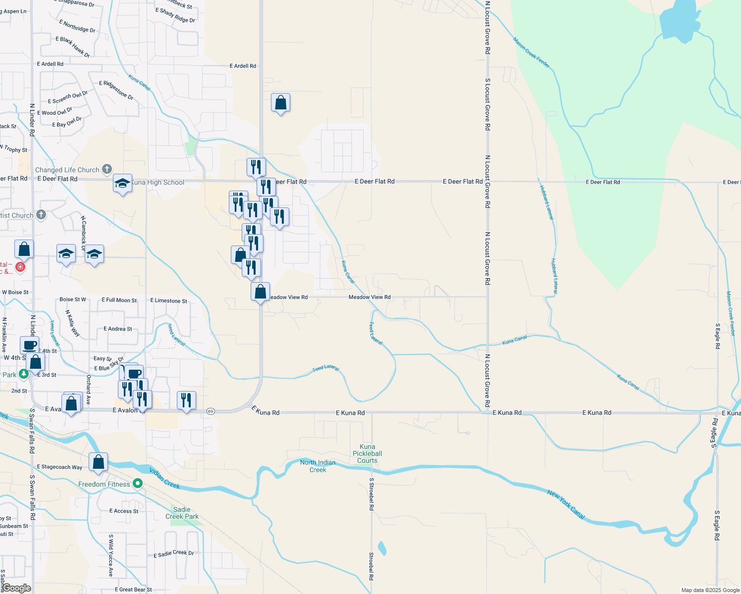 map of restaurants, bars, coffee shops, grocery stores, and more near Meadow View Rd in Kuna
