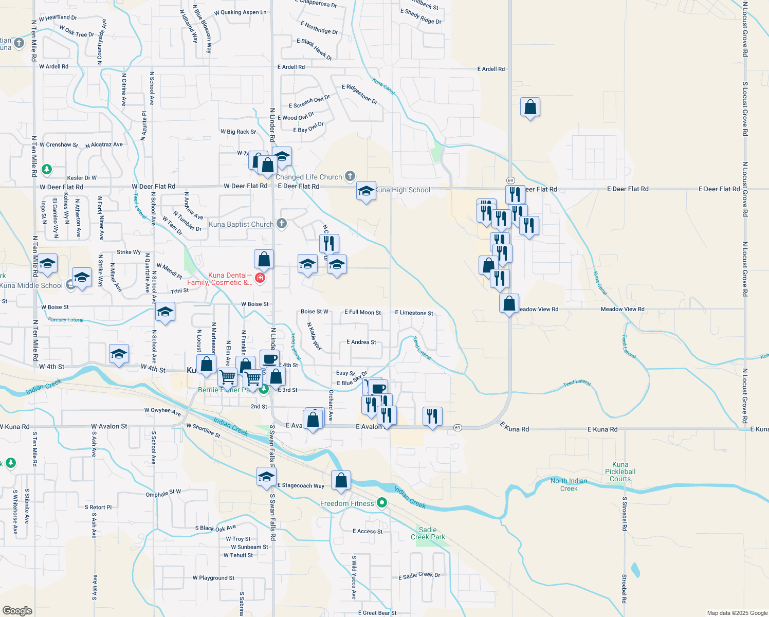 map of restaurants, bars, coffee shops, grocery stores, and more near 736 E Full Moon St in Kuna