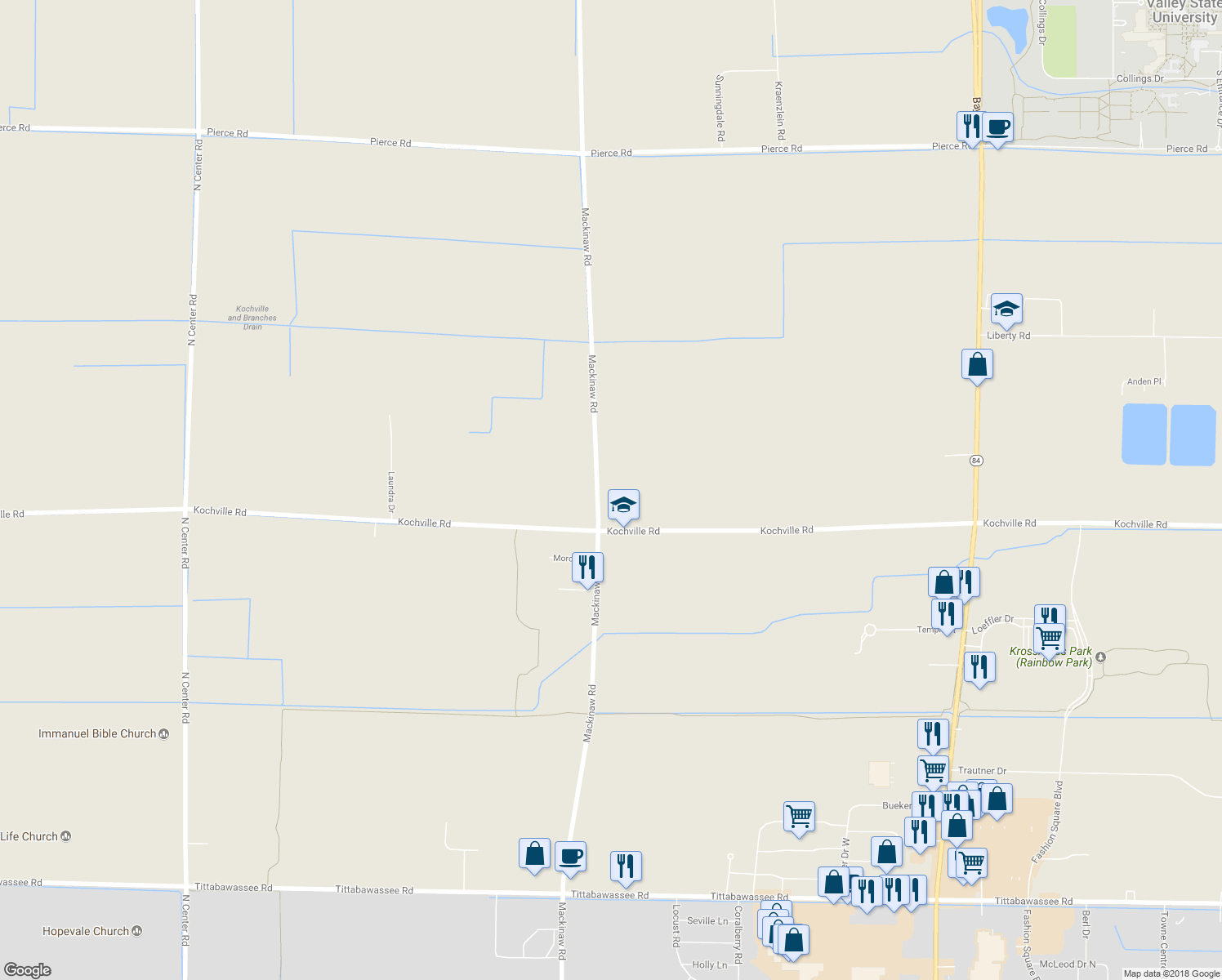 map of restaurants, bars, coffee shops, grocery stores, and more near 6106 Mackinaw Road in Saginaw