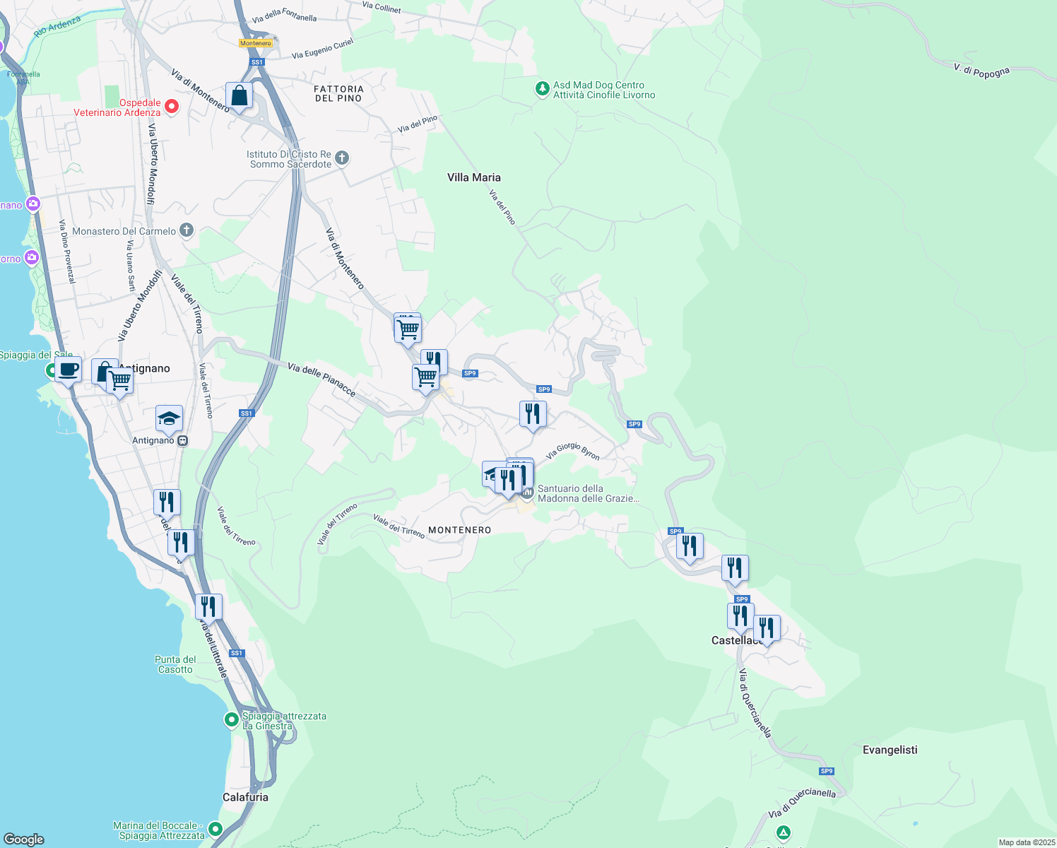 map of restaurants, bars, coffee shops, grocery stores, and more near 440 Via di Montenero in Livorno