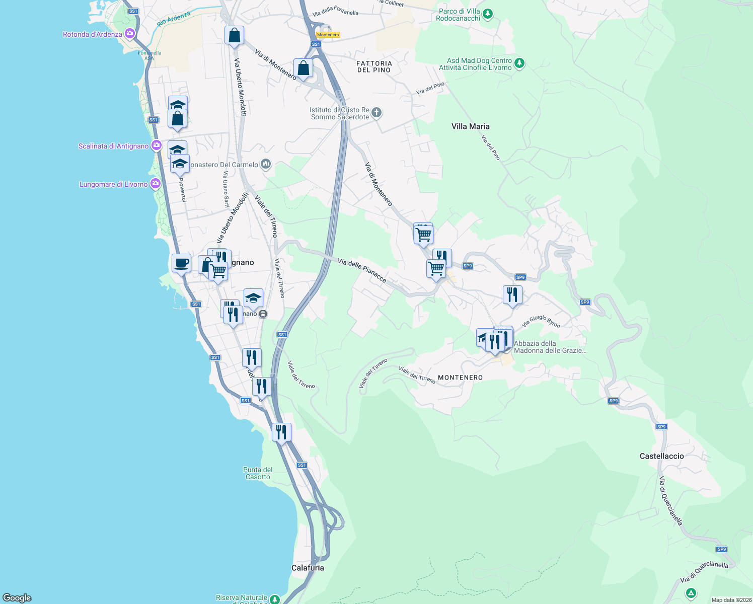 map of restaurants, bars, coffee shops, grocery stores, and more near 19 Via delle Villette in Livorno