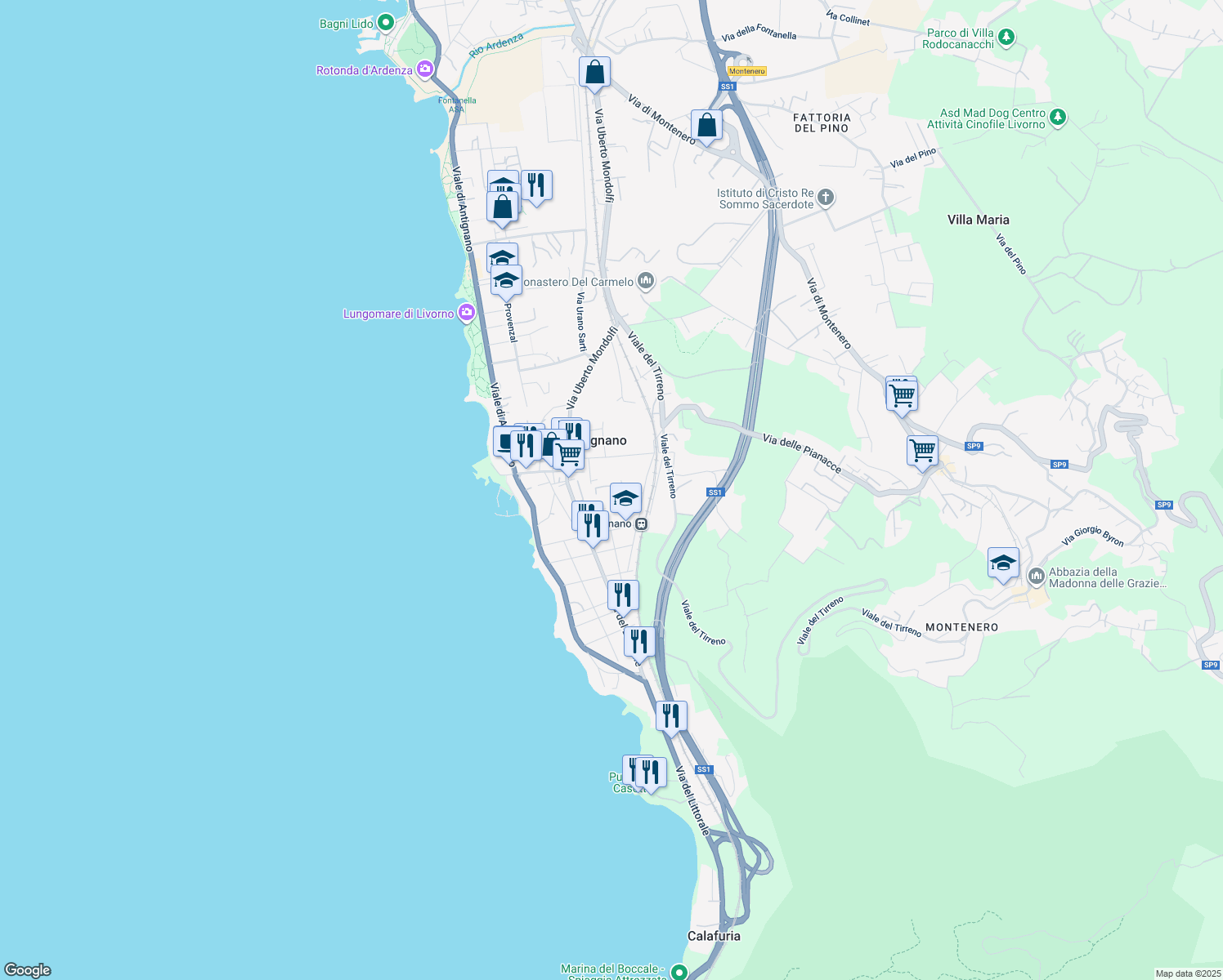 map of restaurants, bars, coffee shops, grocery stores, and more near 29 Via Elio Zeme in Livorno