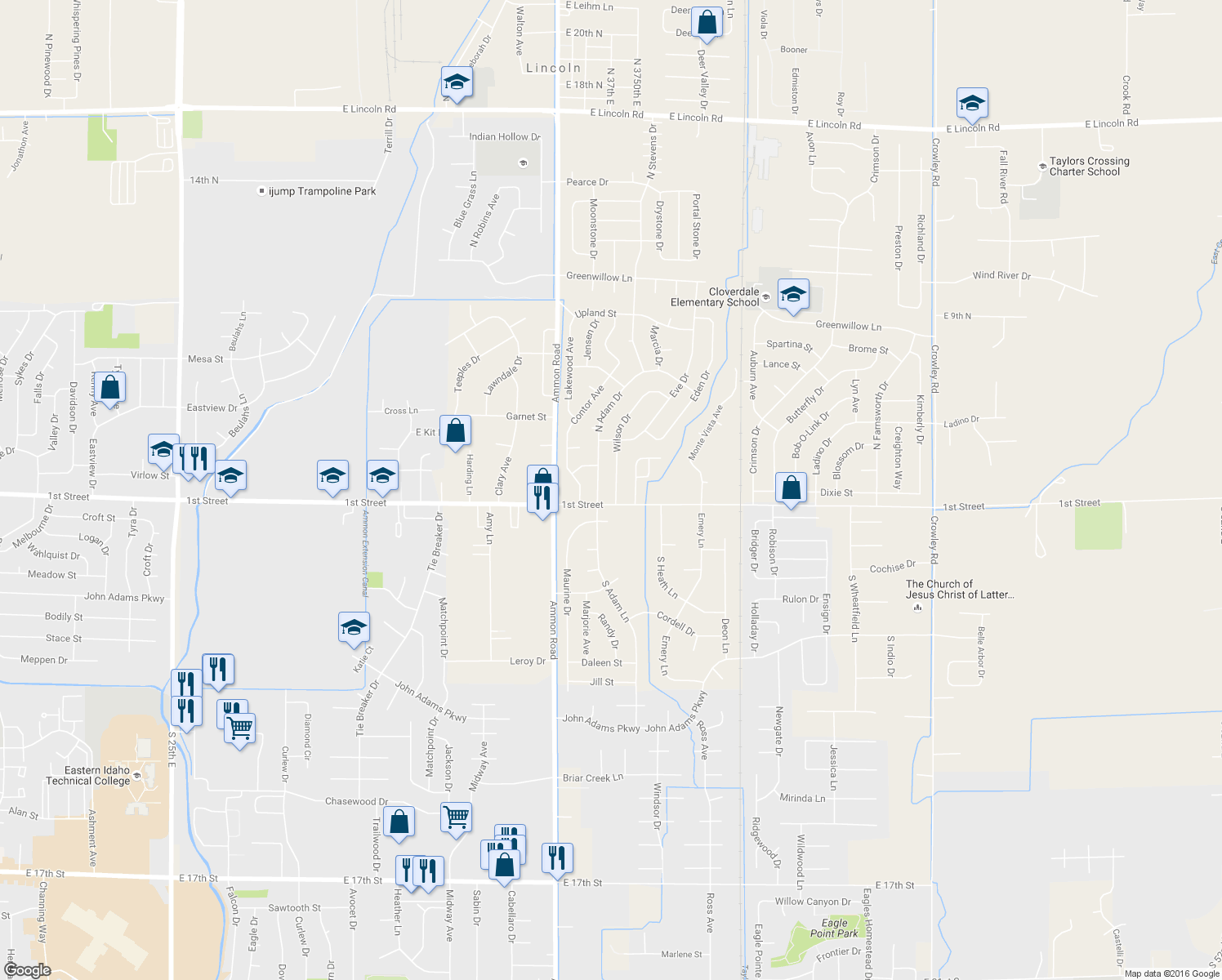 map of restaurants, bars, coffee shops, grocery stores, and more near 188 Wilson Drive in Idaho Falls