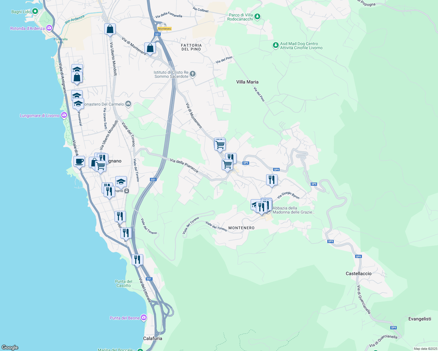 map of restaurants, bars, coffee shops, grocery stores, and more near 5 Via Alfredo Jeri in Livorno