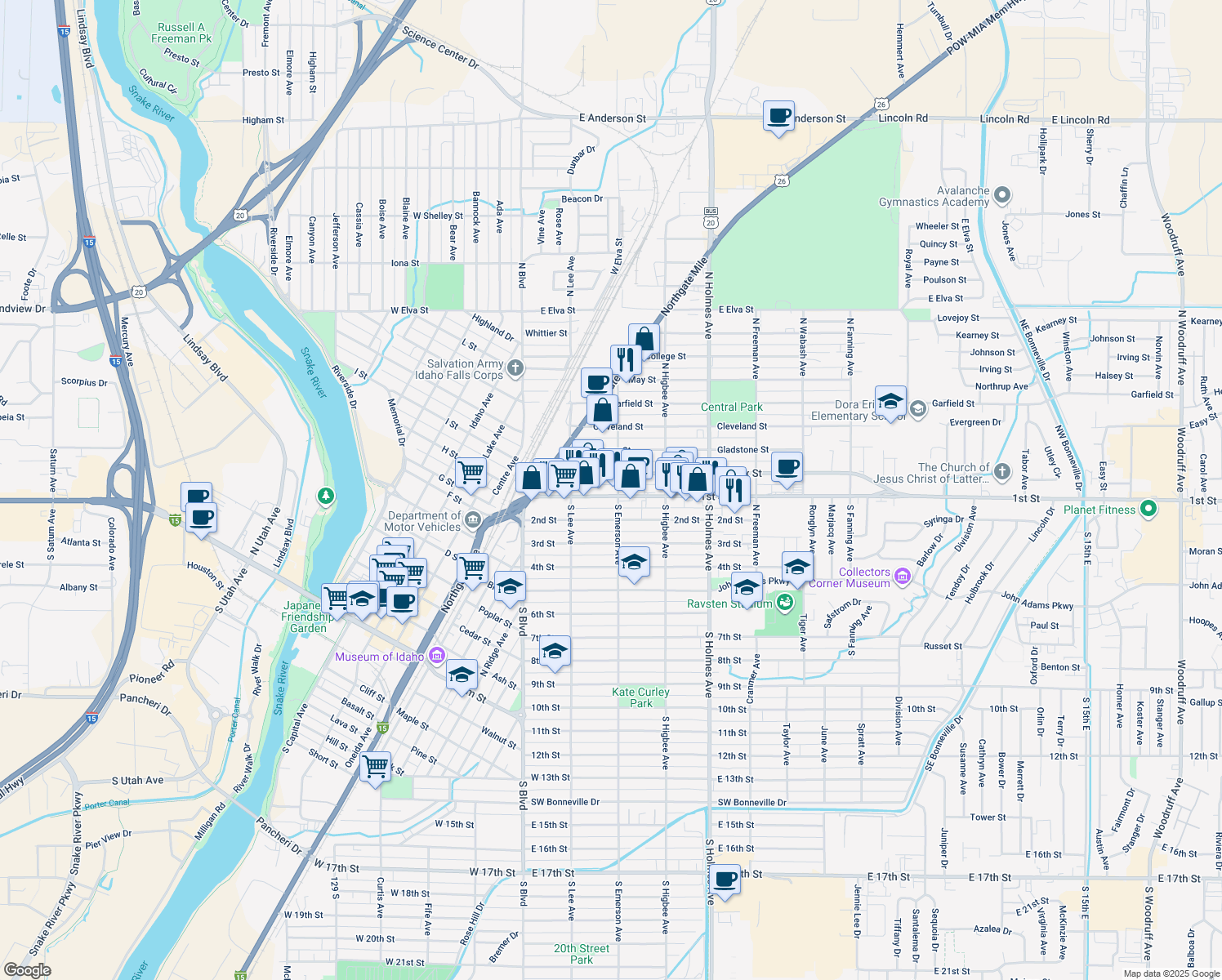 map of restaurants, bars, coffee shops, grocery stores, and more near 285 1st Street in Idaho Falls