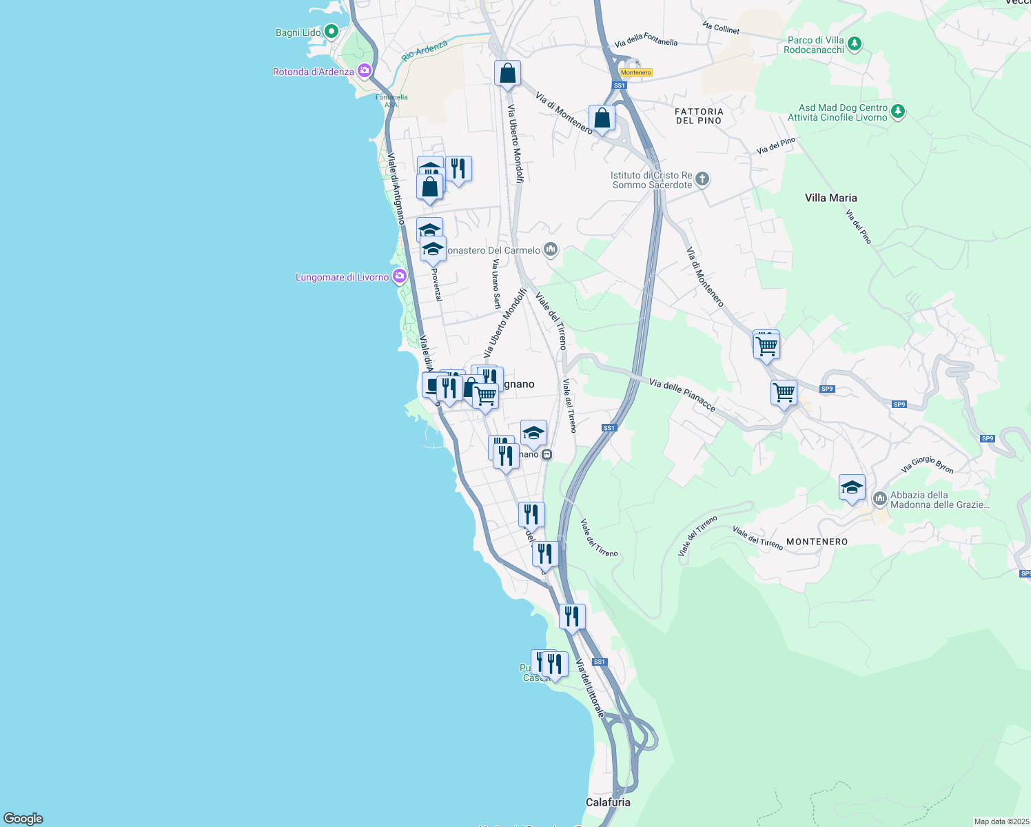 map of restaurants, bars, coffee shops, grocery stores, and more near 29 Via Elio Zeme in Livorno