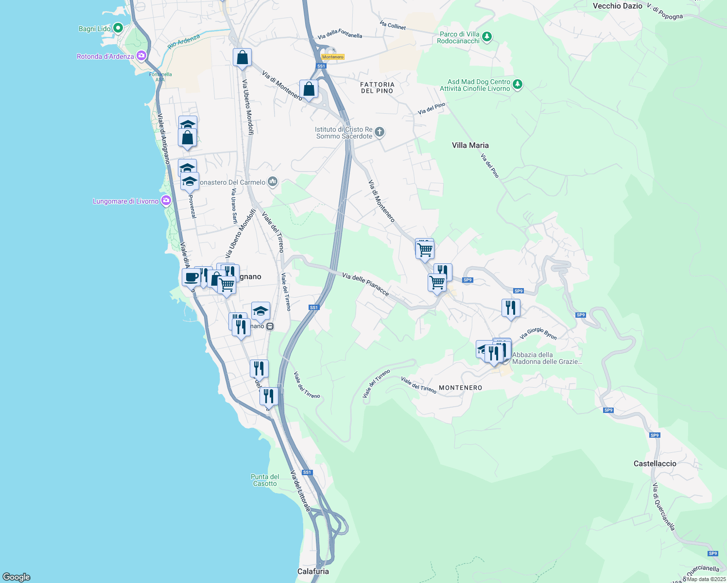 map of restaurants, bars, coffee shops, grocery stores, and more near 90 Via delle Villette in Livorno
