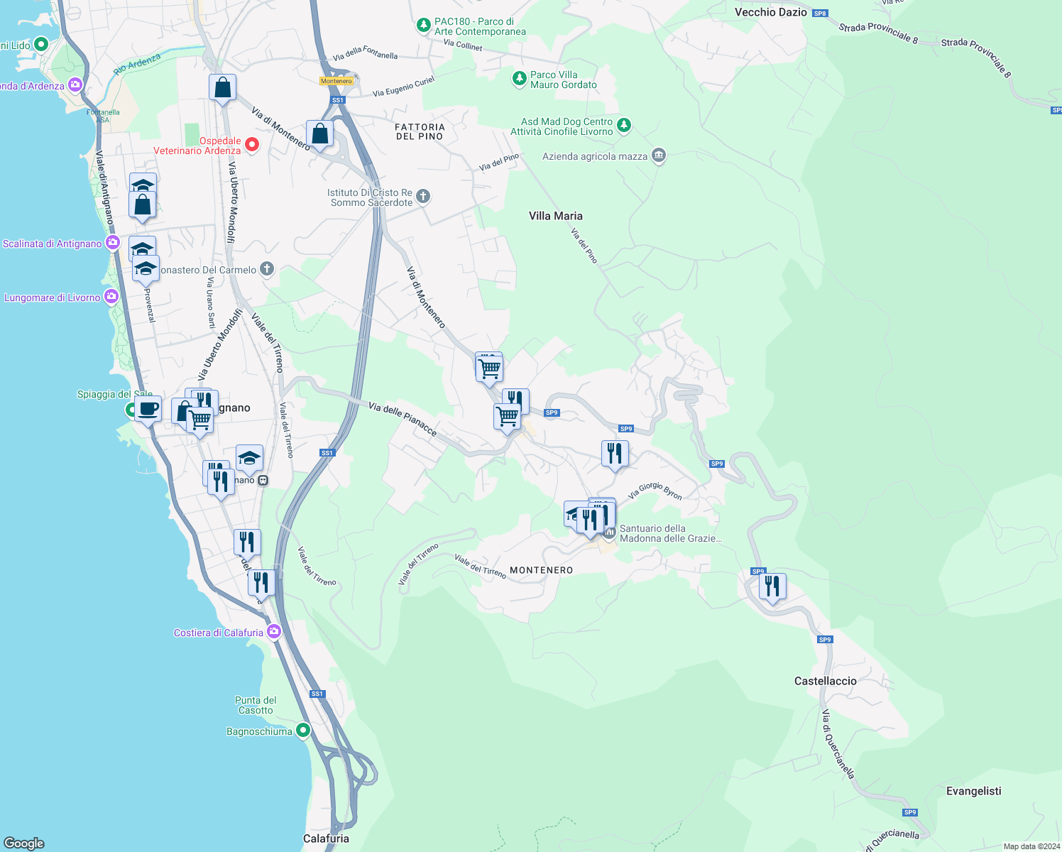 map of restaurants, bars, coffee shops, grocery stores, and more near 8 Via di Montenero in Livorno