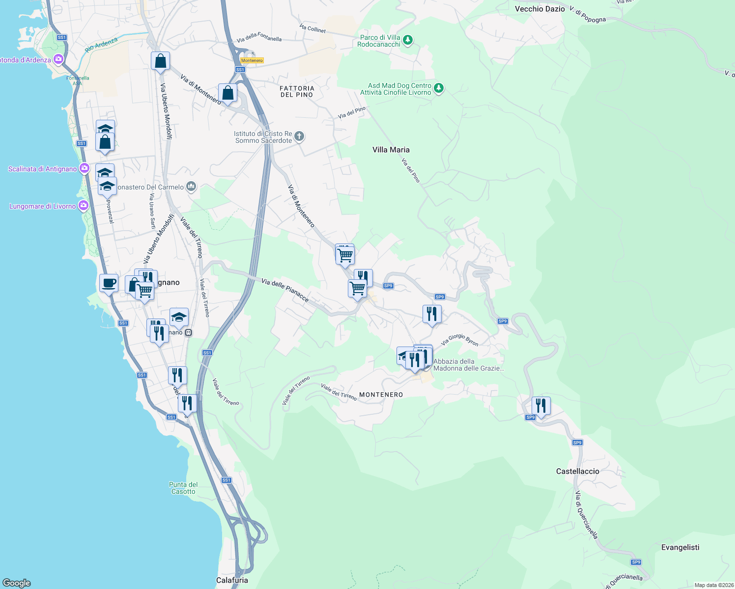map of restaurants, bars, coffee shops, grocery stores, and more near 8 Via di Montenero in Livorno