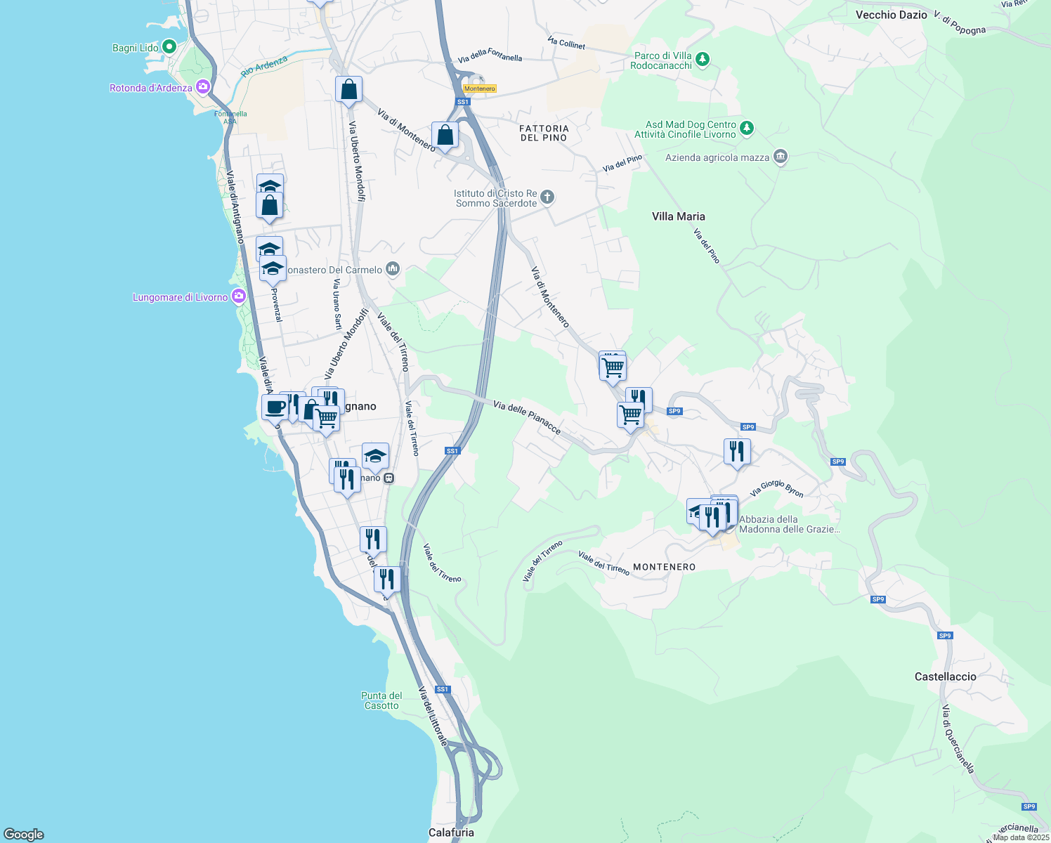 map of restaurants, bars, coffee shops, grocery stores, and more near 13 Via dei Salici in Livorno