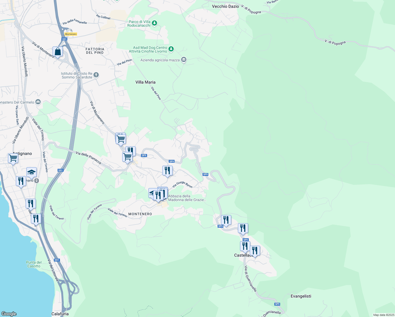 map of restaurants, bars, coffee shops, grocery stores, and more near 28 Via della Porcigliana in Livorno