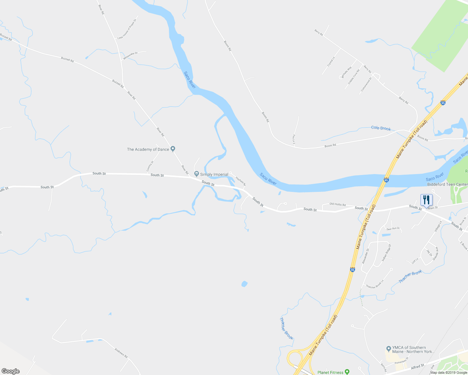 map of restaurants, bars, coffee shops, grocery stores, and more near 477 South Street in Biddeford