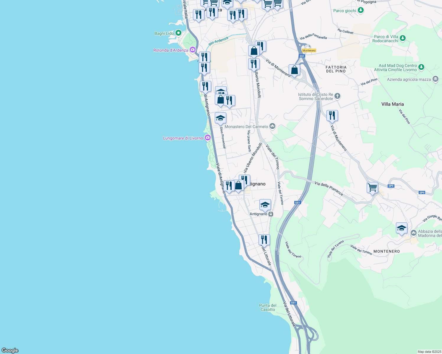 map of restaurants, bars, coffee shops, grocery stores, and more near 34 Viale di Antignano in Livorno