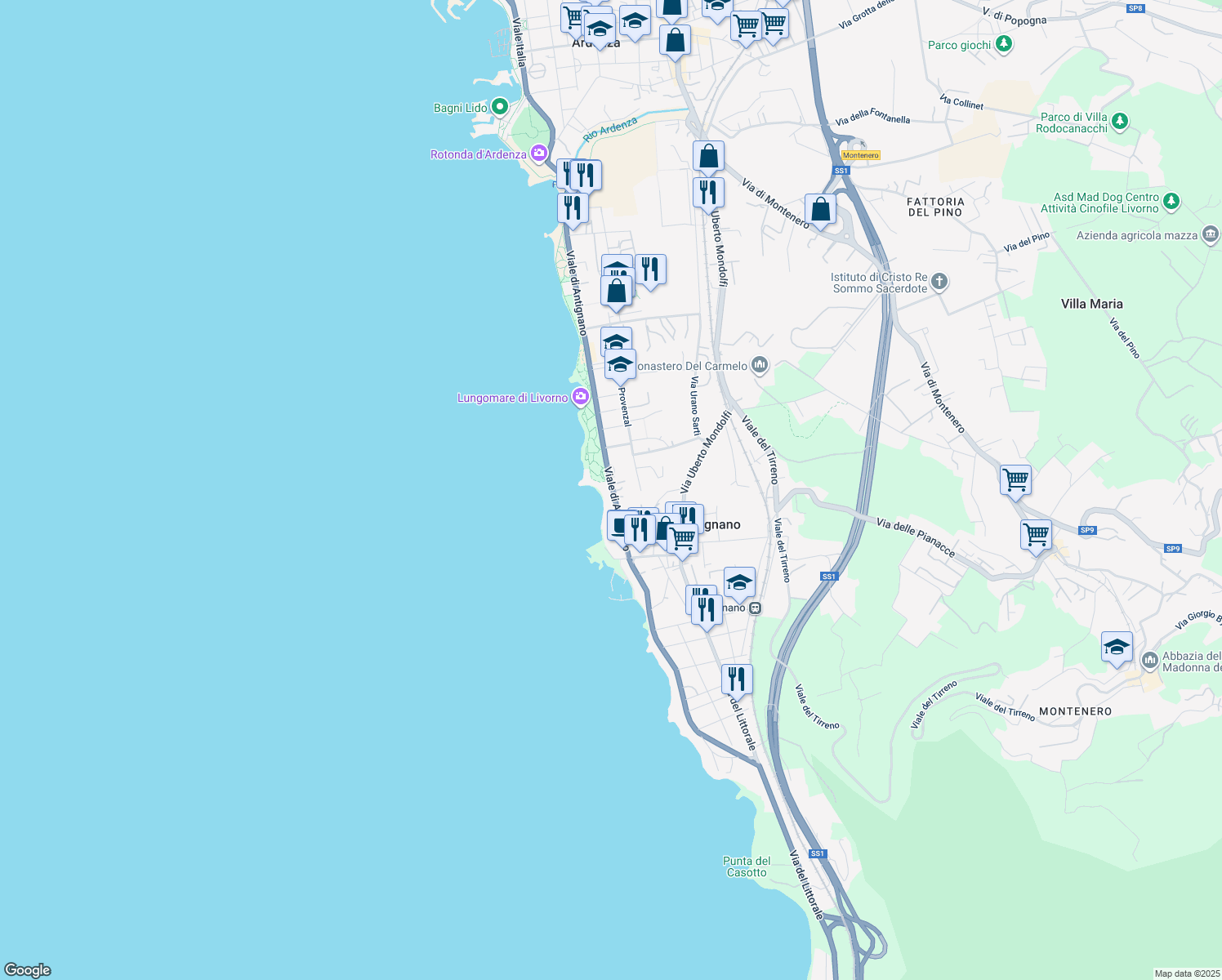 map of restaurants, bars, coffee shops, grocery stores, and more near 34 Viale di Antignano in Livorno