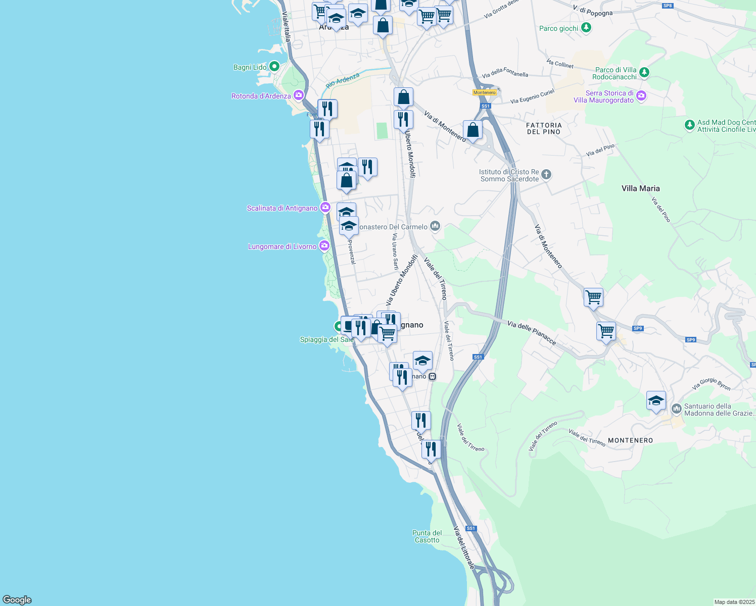 map of restaurants, bars, coffee shops, grocery stores, and more near 27 Via delle Fornaci in Livorno